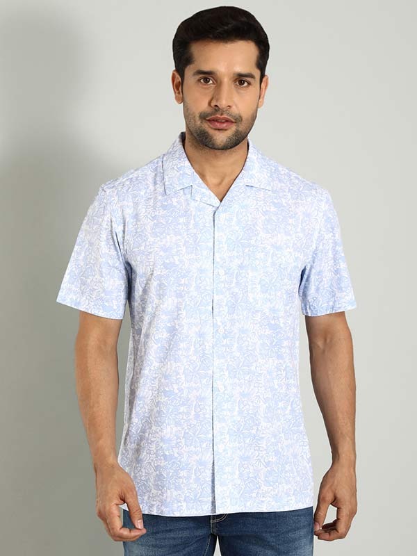 Indian Terrain Men's Regular Fit Half Sleeve Floral Print Blue Shirt